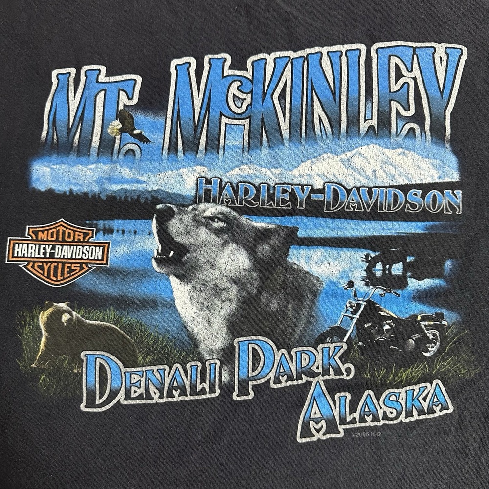Vintage Harley-Davidson Shirt Mens XL Black Alaska Mt McKinley Denali Wolf Y2K